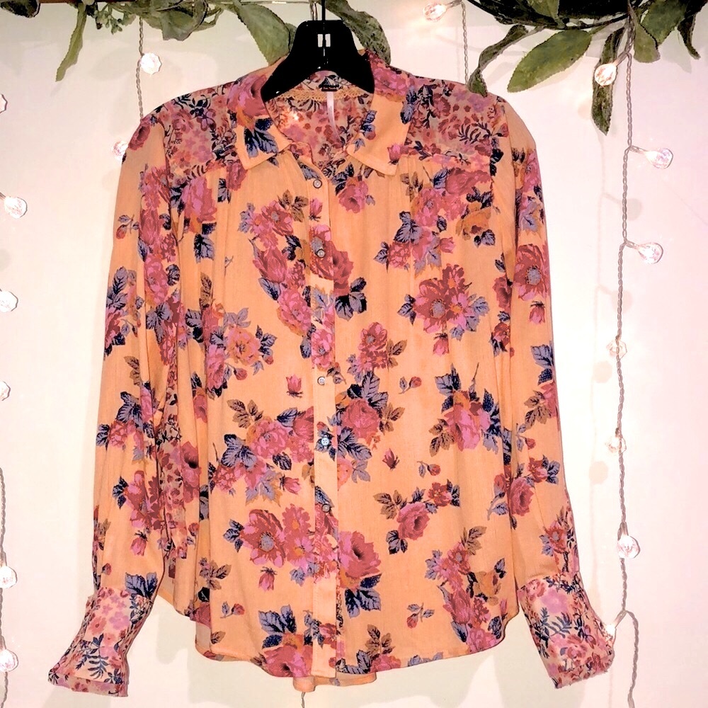 Free People Hold On To Me Button Down Shirt Coral Combo - Picture 6 of 15